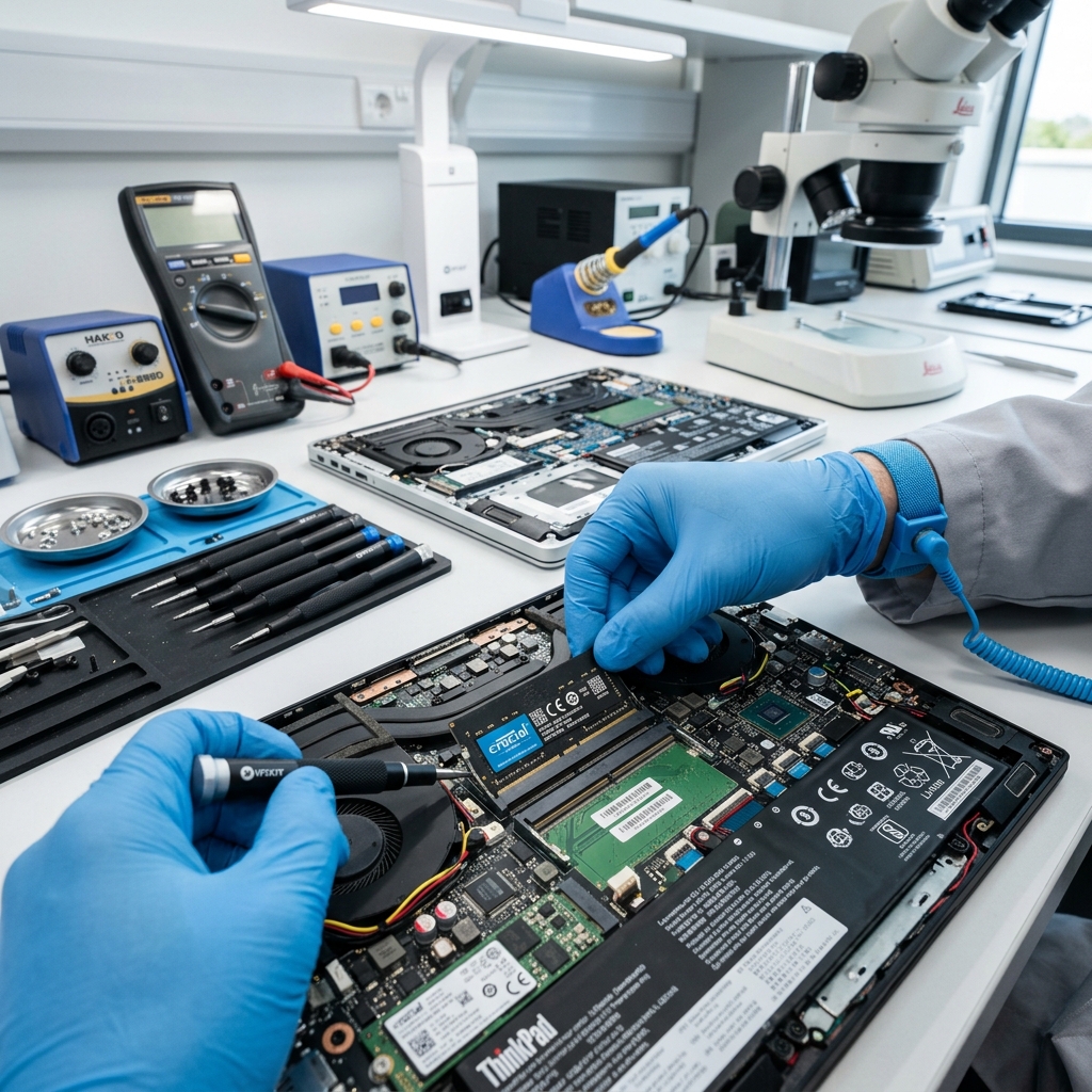 Técnico realizando upgrade de memória RAM